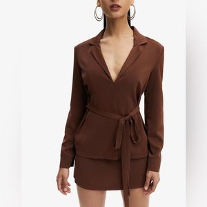 Solado Lapel Neck Long Sleeve Top & High Waist Solid Skirt Set